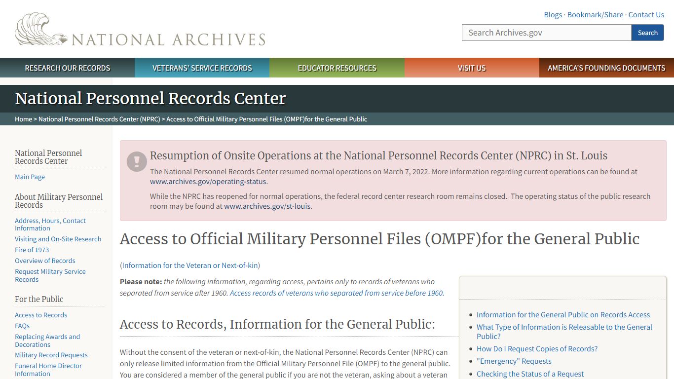 Access to Official Military Personnel Files (OMPF)for the General ...